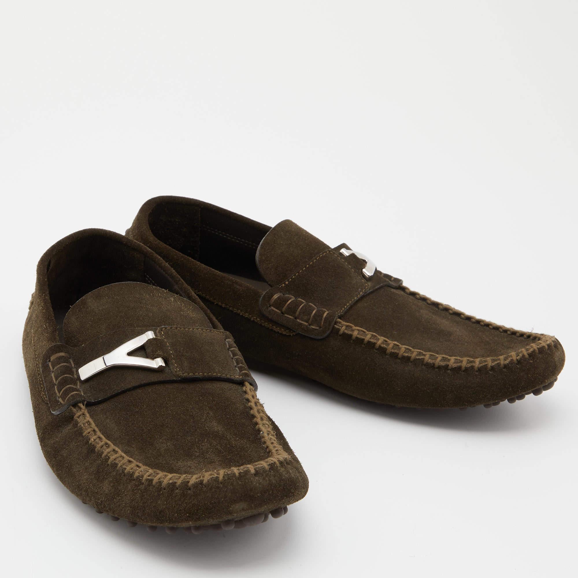 Men's Saint Laurent Olive Green Suede Slip On Loafers Size 42 For Sale