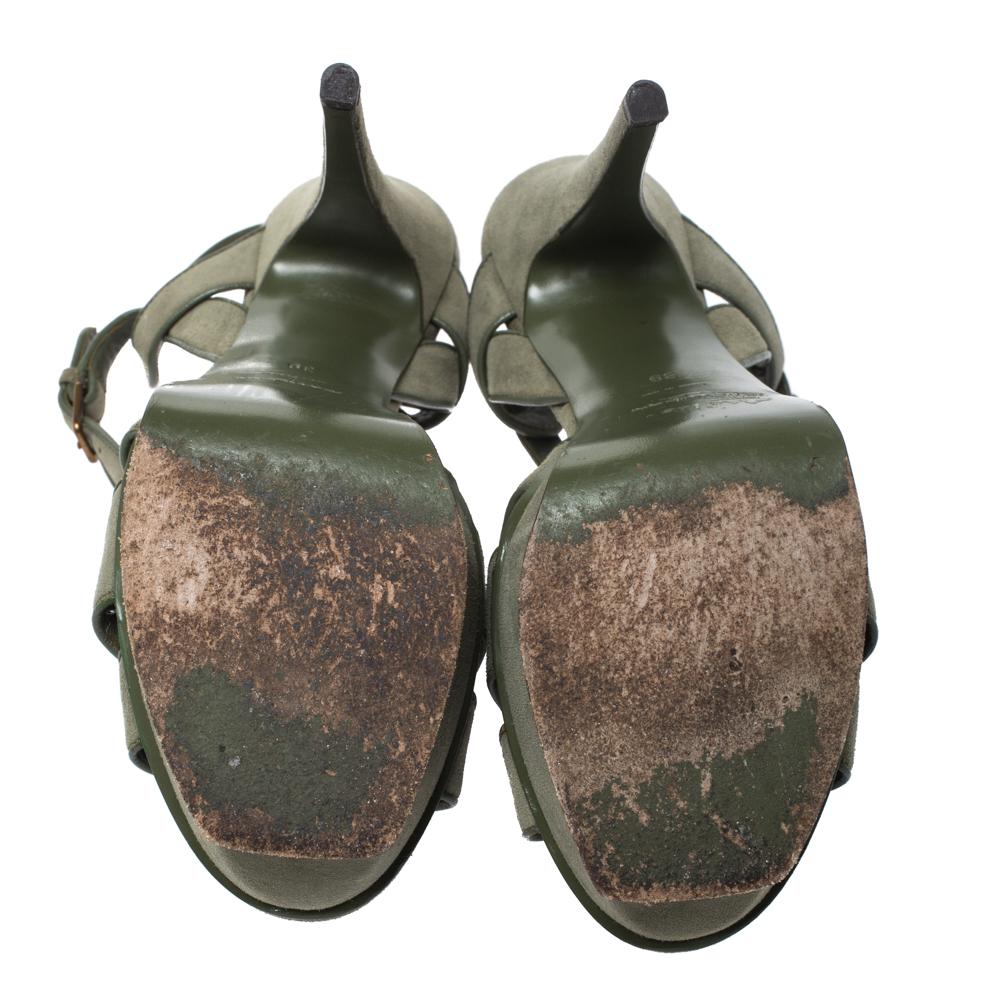 Gray Saint Laurent Olive Green Suede Tribute Platform Sandals Size 39
