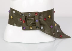 Saint Laurent Olive Green Wide Leather Jewel Belt YSL, 1980s