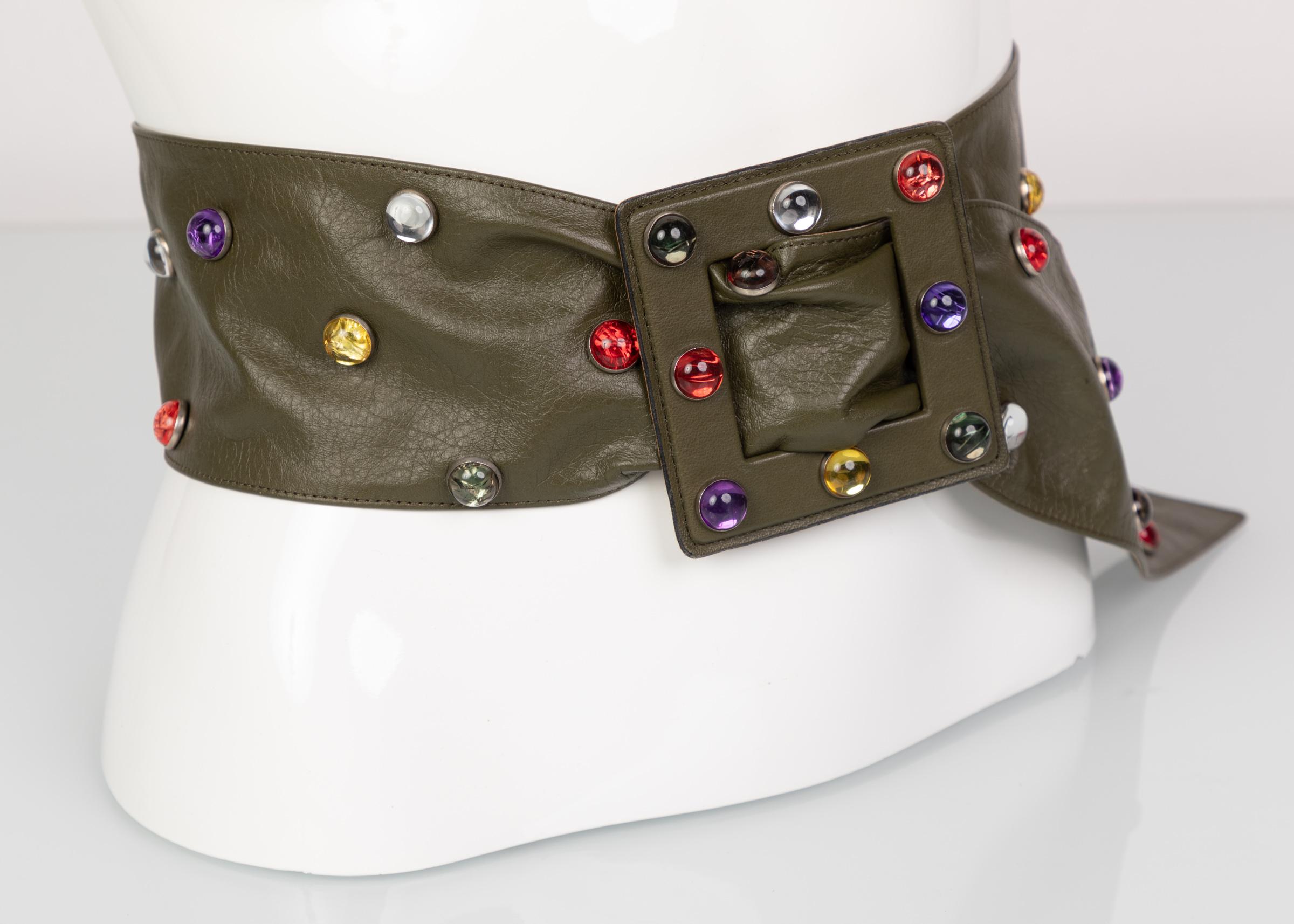 Saint Laurent Olive Green Wide Leather Jewel Belt YSL, 1980s In Good Condition For Sale In Boca Raton, FL