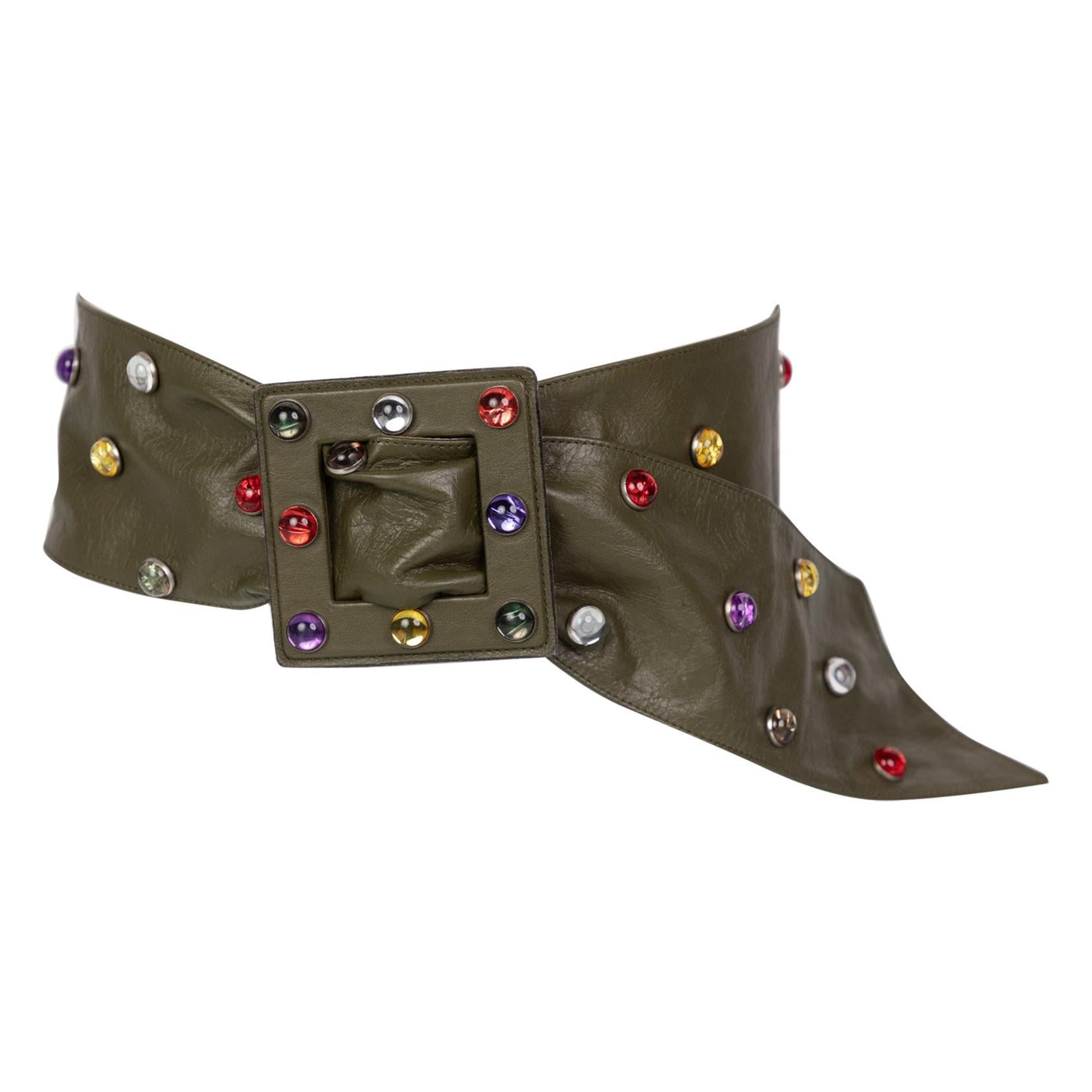 Saint Laurent Olive Green Wide Leather Jewel Belt YSL, 1980s For Sale