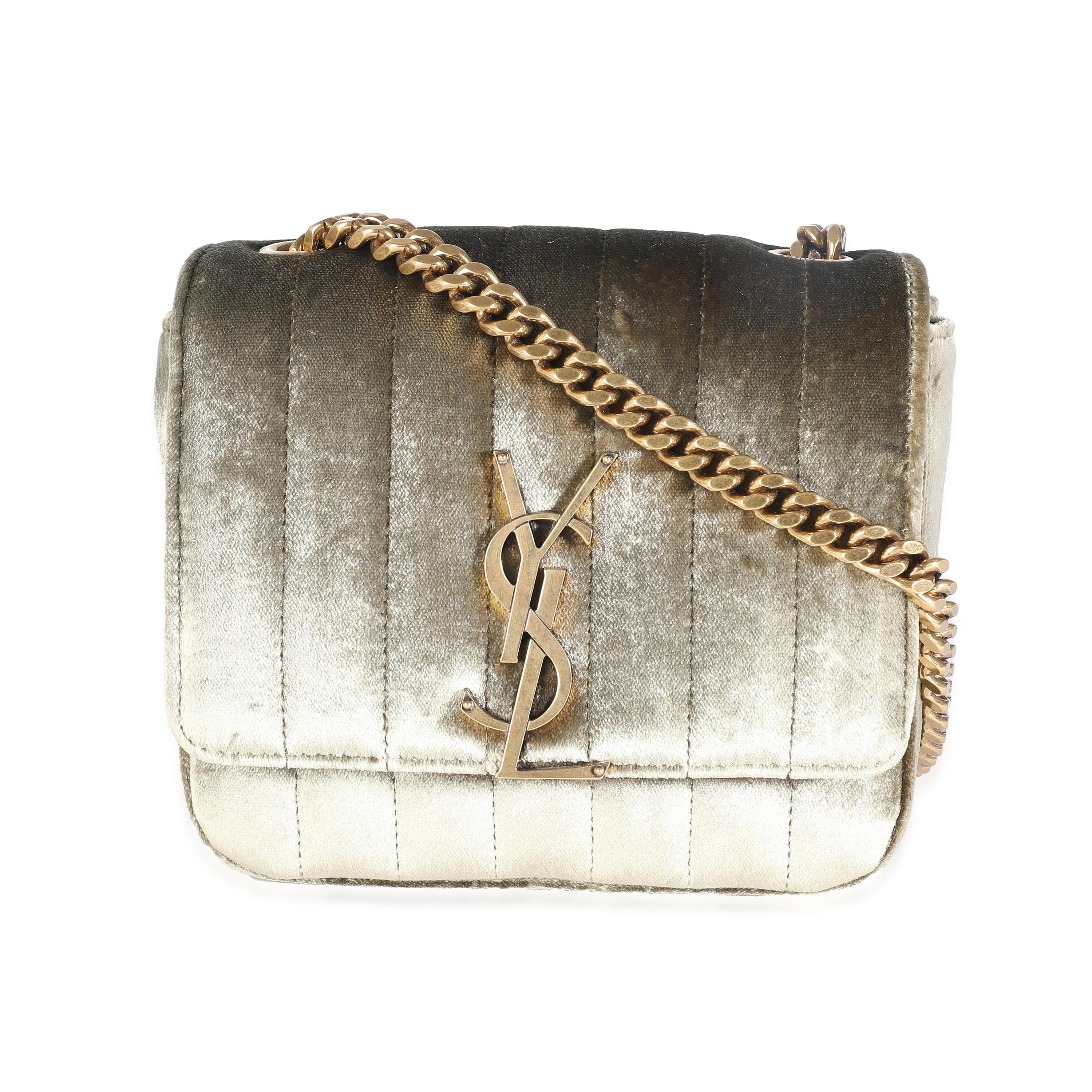 Beige Saint Laurent Olive Velvet Small Vicky Chain Bag