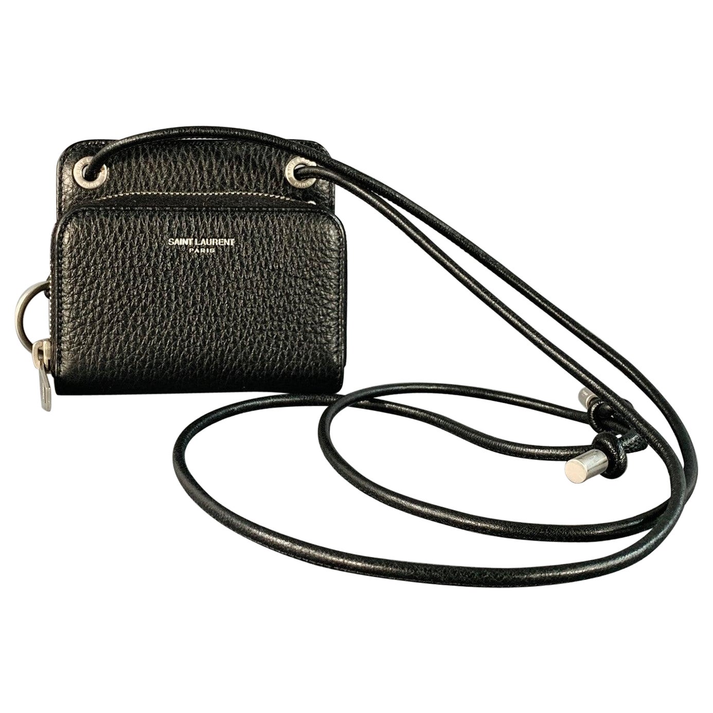 SAINT LAURENT One Size Black Silver Pebble Grain Leather Zip Wallet Handbag en vente