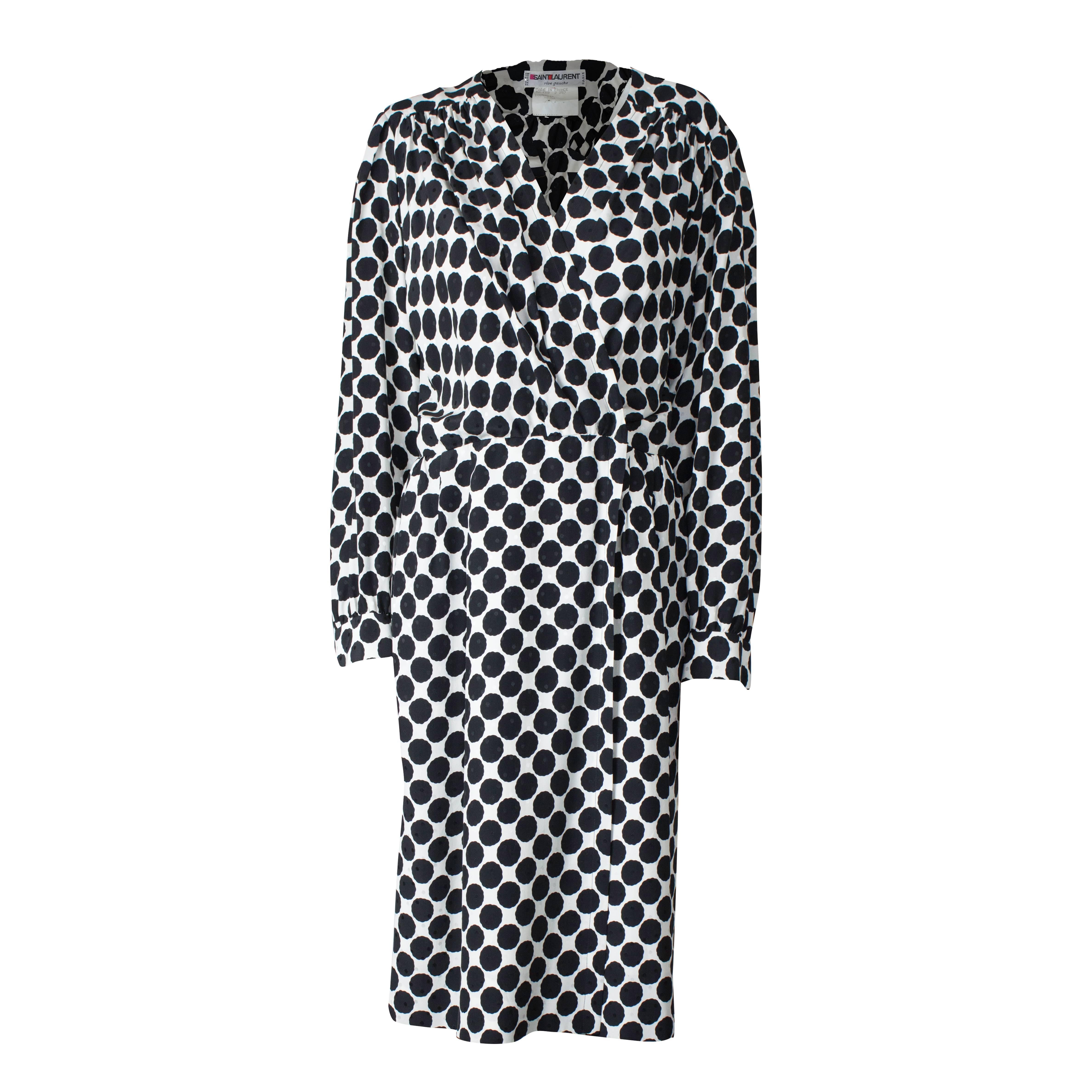 Saint Laurent opt art wraparound embossed silk dress with black dots, circa 1980 For Sale