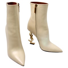 Saint Laurent Opyum Cream Leather Monogram Heel Booties