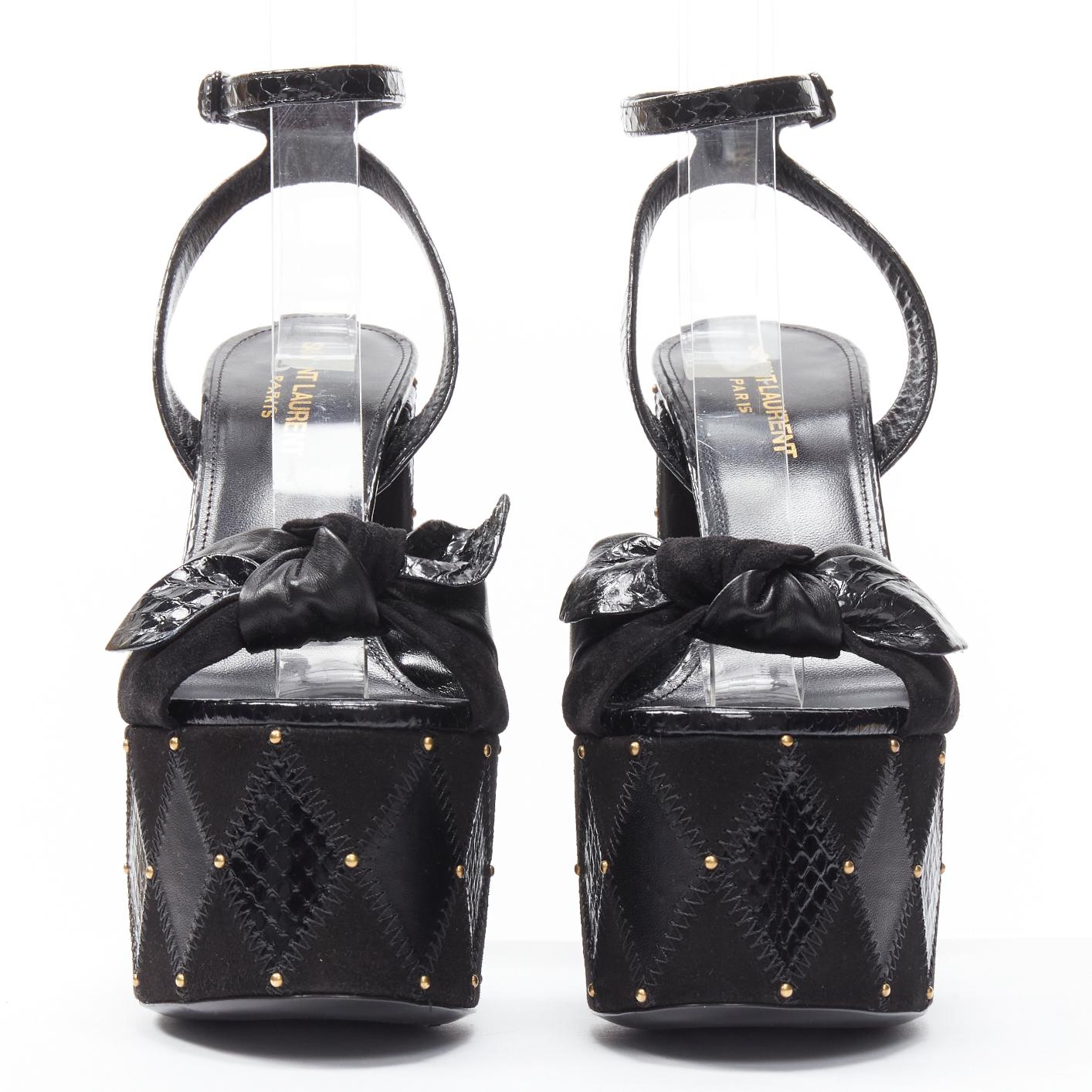 Black SAINT LAURENT Paige 85 Runway black patchwork stud platform sandals EU38 For Sale