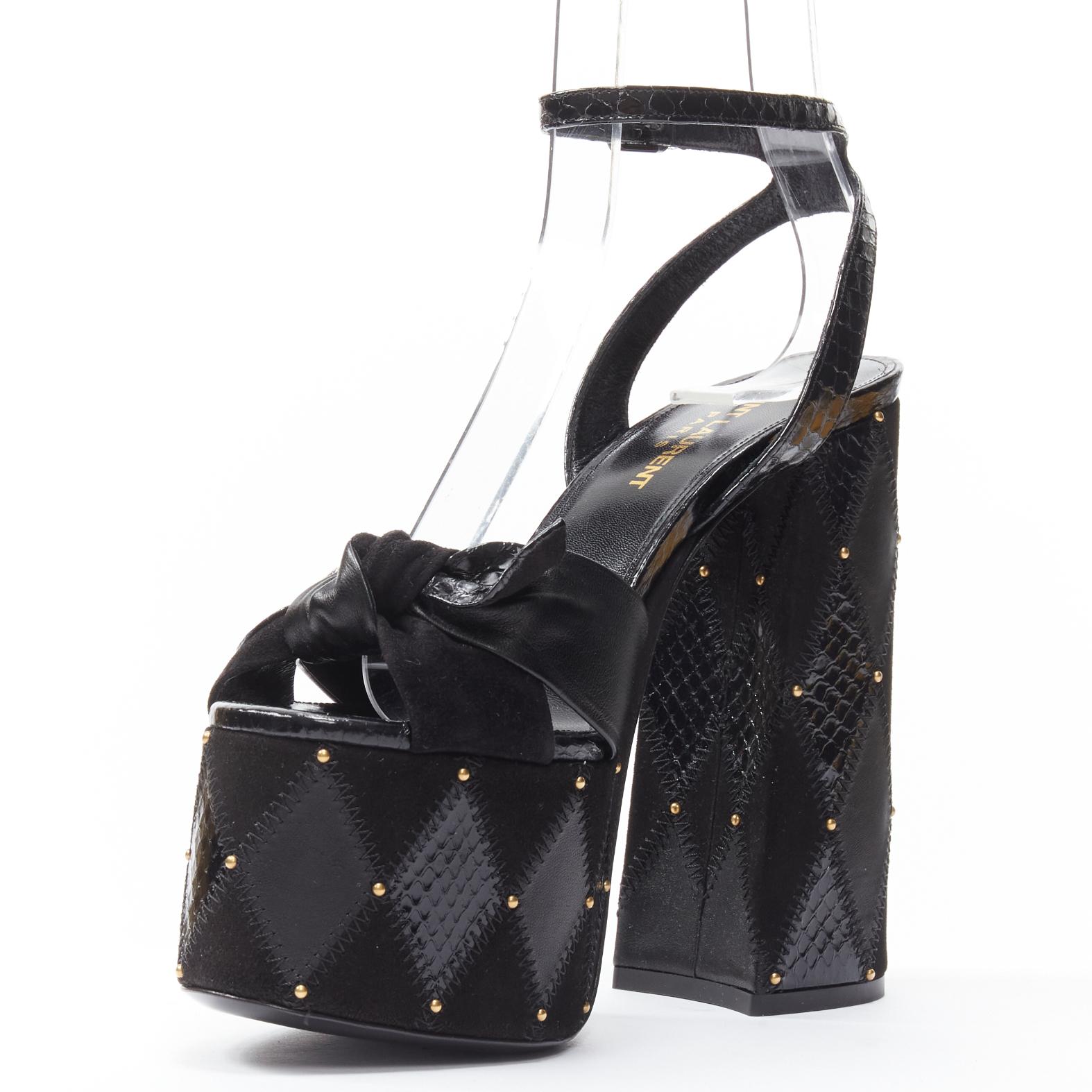 Women's SAINT LAURENT Paige 85 Runway black patchwork stud platform sandals EU38 For Sale