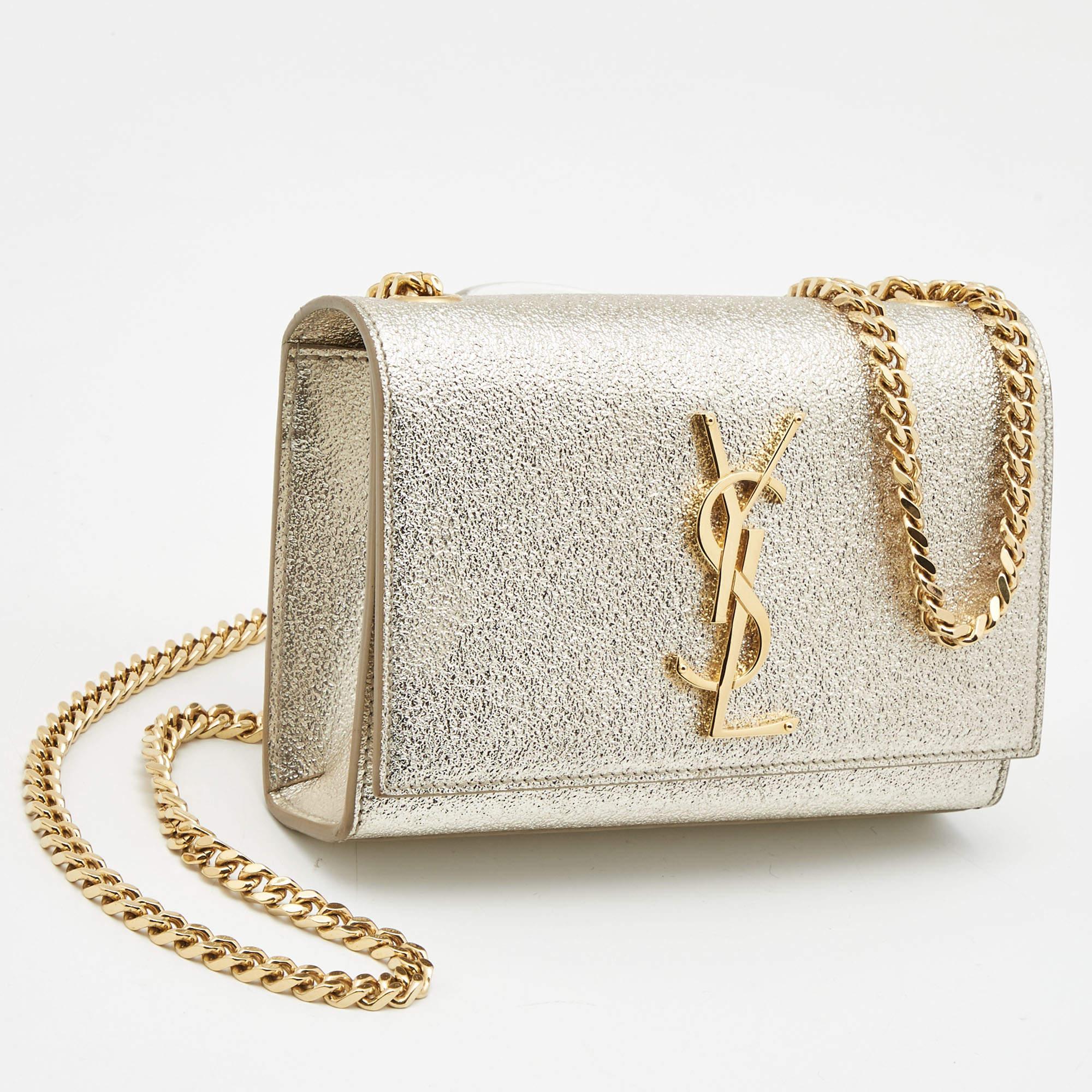 Women's Saint Laurent Pale Gold Leather Small Monogram Kate Shoulder Bag