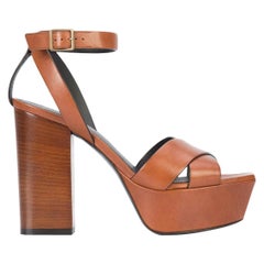 Saint Laurent Papaya Brown Leather "Farrah 80" Platform Heel Sandals Size 36.5