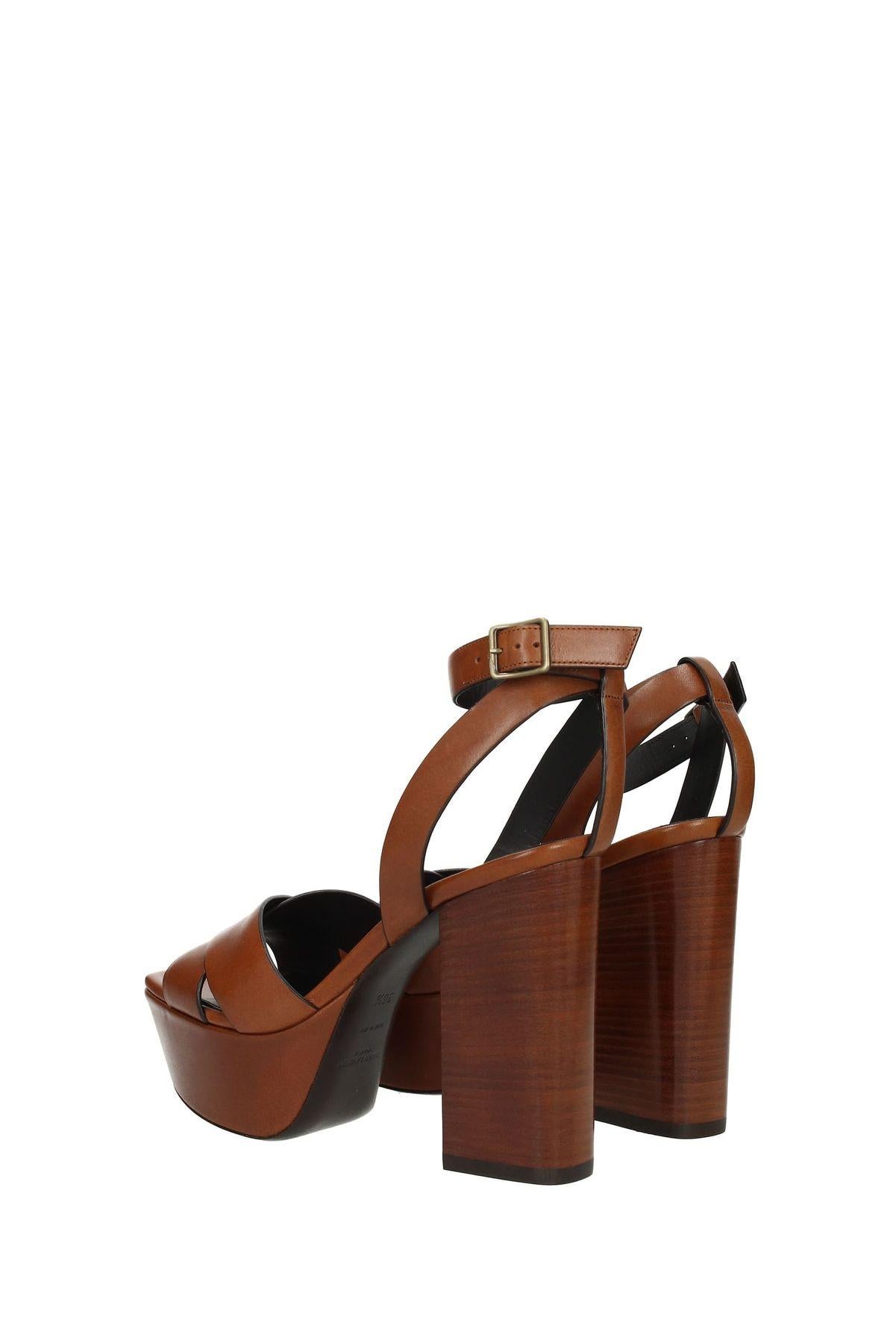 Saint Laurent Papaya Sandalias de tacón de plataforma de piel marrón 