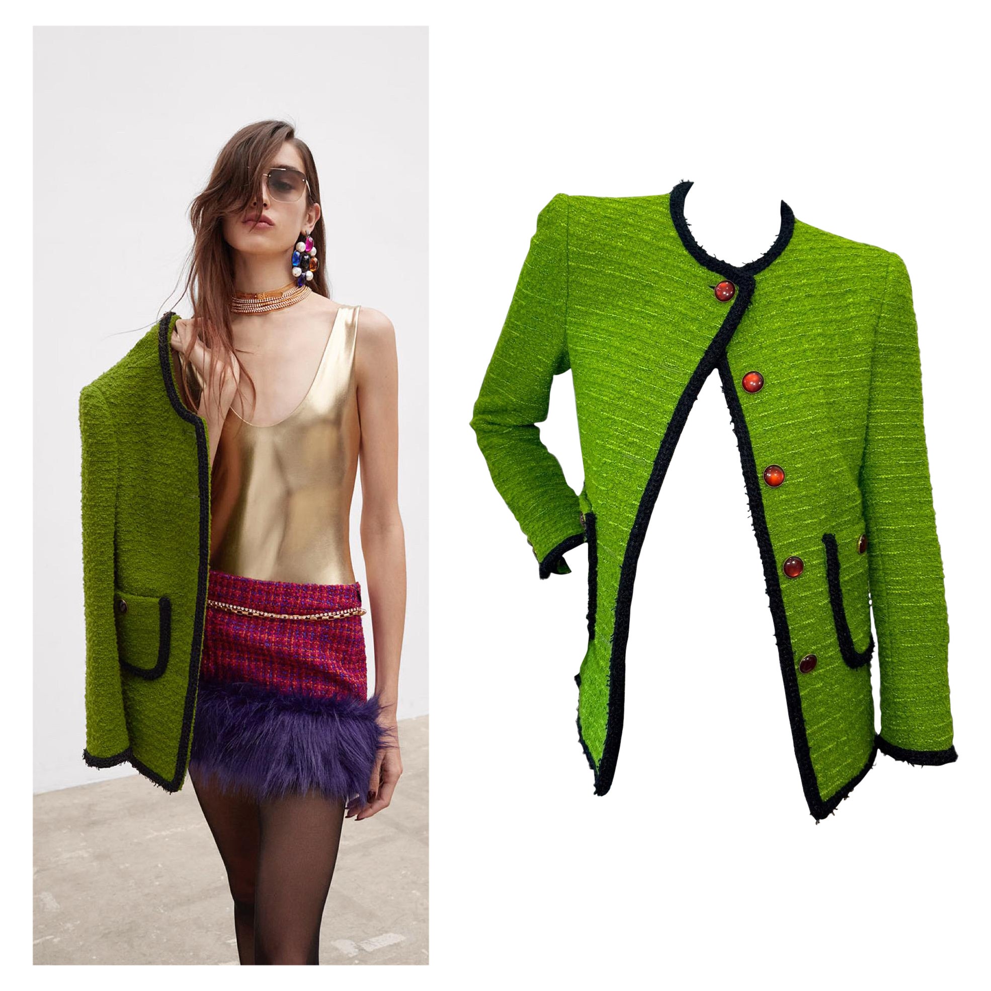Saint Laurent Paris 2021 Green Tweed Jacket with Cabochon Buttons, Size FR38 For Sale