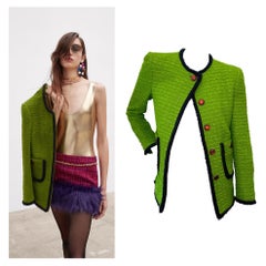 Saint Laurent Paris 2021 Green Tweed Jacket with Cabochon Buttons, Size FR38