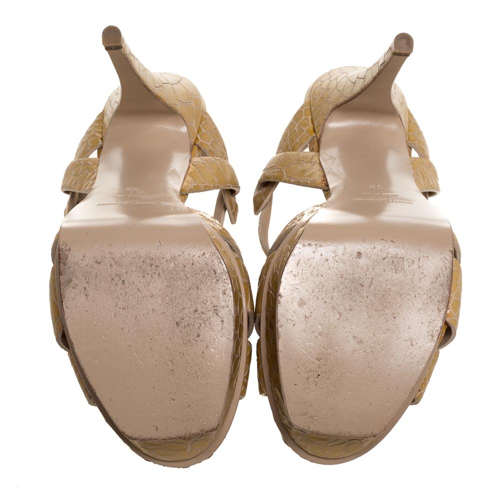 Women's Saint Laurent Paris Beige Croc Embossed Leather Tribute Sandals Size 38