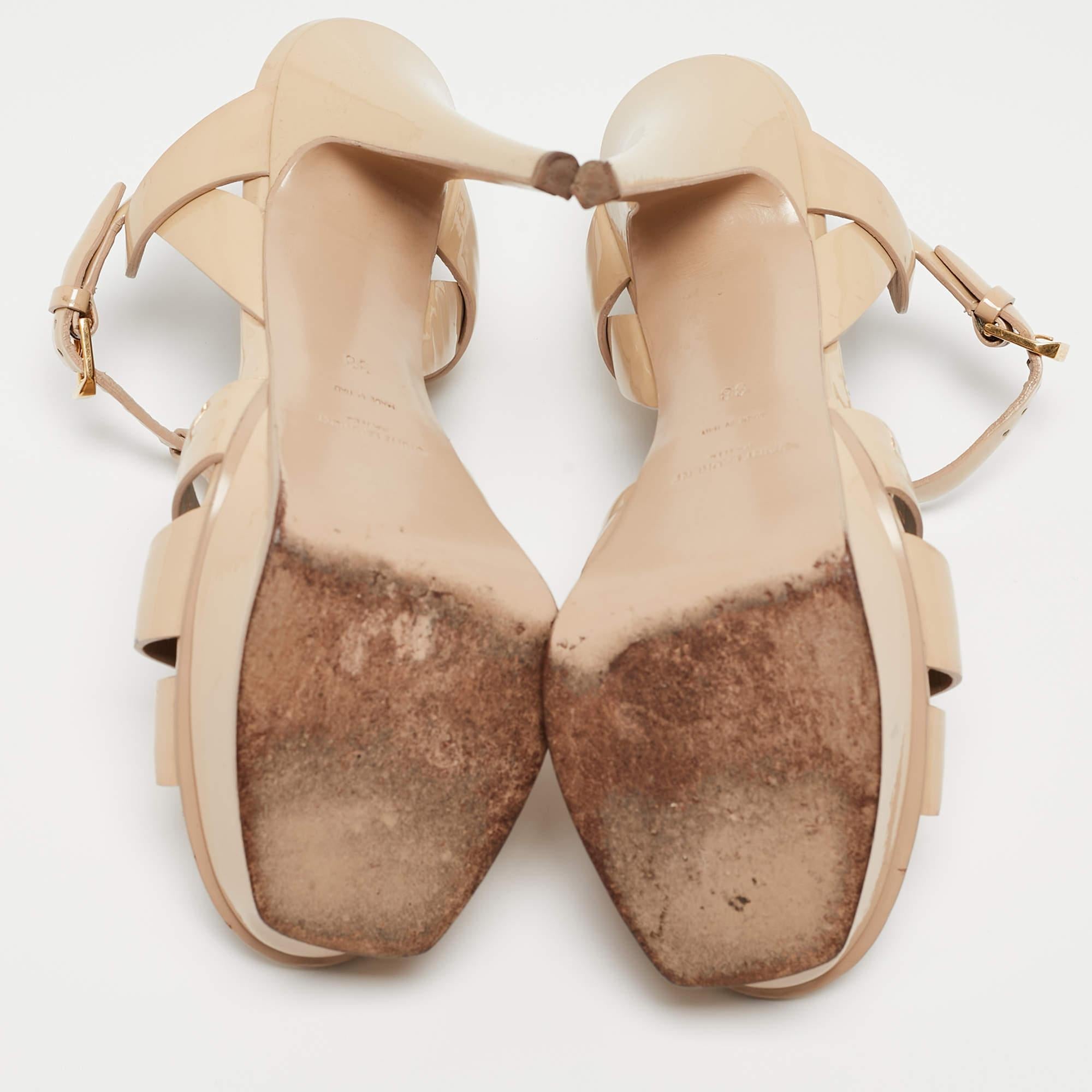 Saint Laurent Paris Beige Patent Leather Tribute Platform Ankle Strap Sandals Si For Sale 2