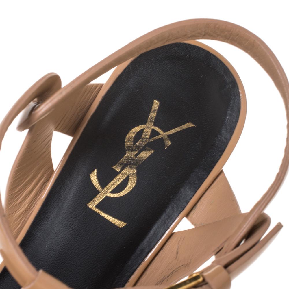 Women's Saint Laurent Paris Beige Patent Leather Tribute Platform Sandals Size 38.5