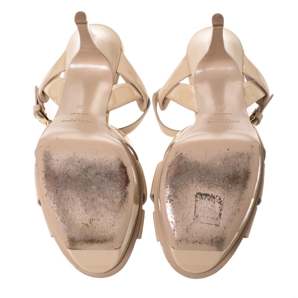 Saint Laurent Paris Beige Patent Leather Tribute Platform Sandals Size 39 In Good Condition In Dubai, Al Qouz 2