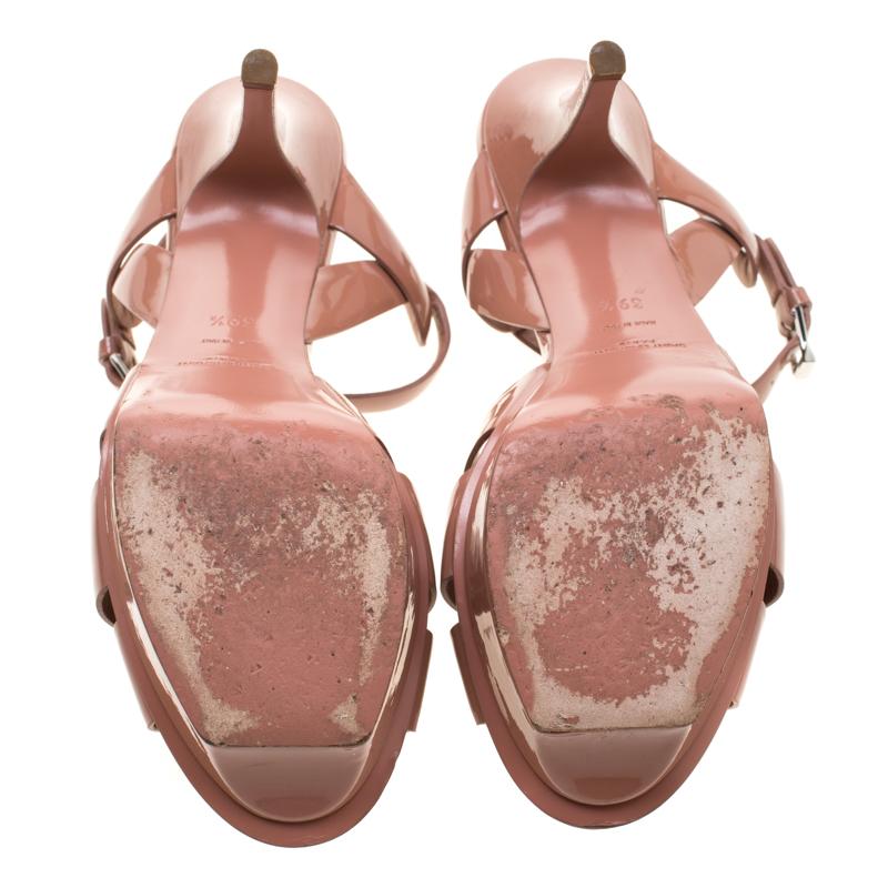 Women's Saint Laurent Paris Beige Patent Leather Tribute Platform Sandals Size 39.5