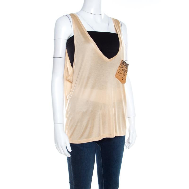 Saint Laurent Paris Beige Silk Knit Embellished Leather Pocket Detail Tank Top S In Excellent Condition In Dubai, Al Qouz 2