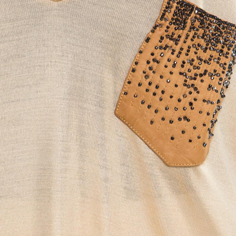 Women's Saint Laurent Paris Beige Silk Knit Embellished Leather Pocket Detail Tank Top S