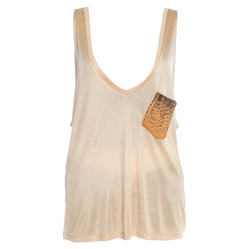 Saint Laurent Paris Beige Silk Knit Embellished Leather Pocket Detail Tank Top S