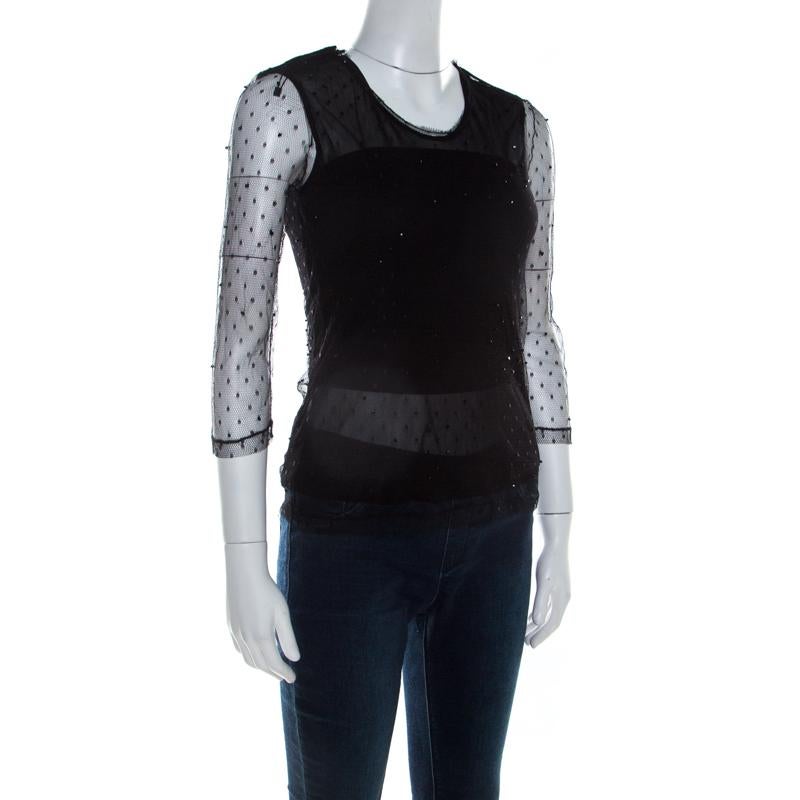 Saint Laurent Paris Black Bead Embellished Mesh Long Sleeve Top XS In New Condition In Dubai, Al Qouz 2