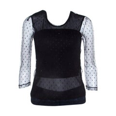 Saint Laurent Paris Black Bead Embellished Mesh Long Sleeve Top XS