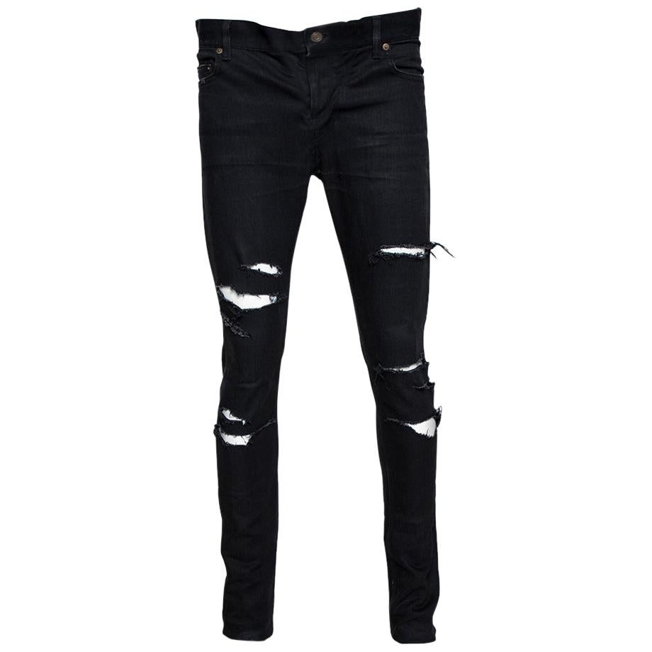 Saint Laurent Paris Black Denim Distressed D02 Skinny Jeans M