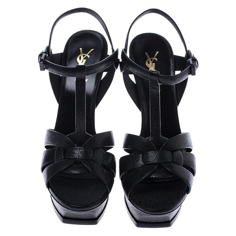 Saint Laurent Paris Black Grained Leather Tribute Ankle Strap Sandals Size 40.5 In New Condition In Dubai, Al Qouz 2