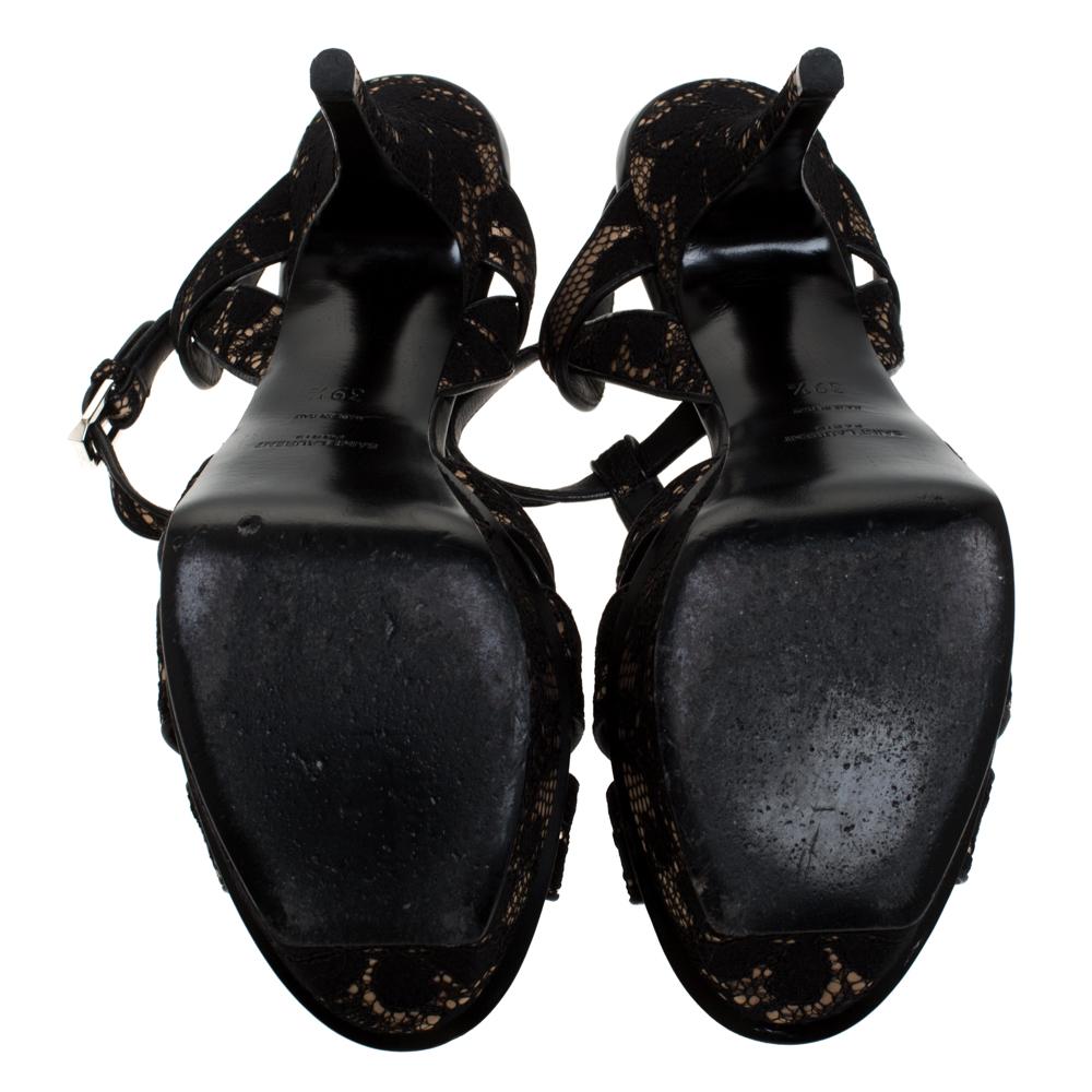 Women's Saint Laurent Paris Black Lace Tribute Platform Ankle Strap Sandals Size 39.5