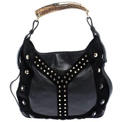 Saint Laurent Paris Black Leather and Suede Studded Mombasa Hobo