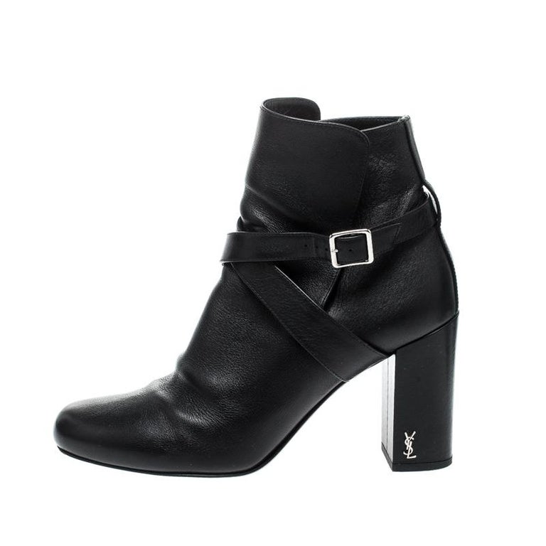 Saint Laurent Paris Black Leather Baby Cross Strap Ankle Boots Size 37.