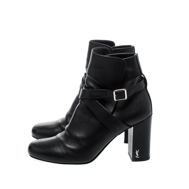Saint Laurent Paris Black Leather Baby Cross Strap Ankle Boots Size 37.5 2