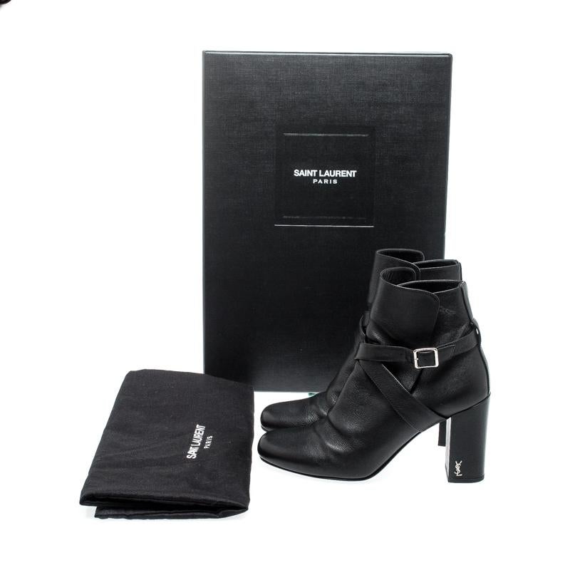 Saint Laurent Paris Black Leather Baby Cross Strap Ankle Boots Size 37.5 4