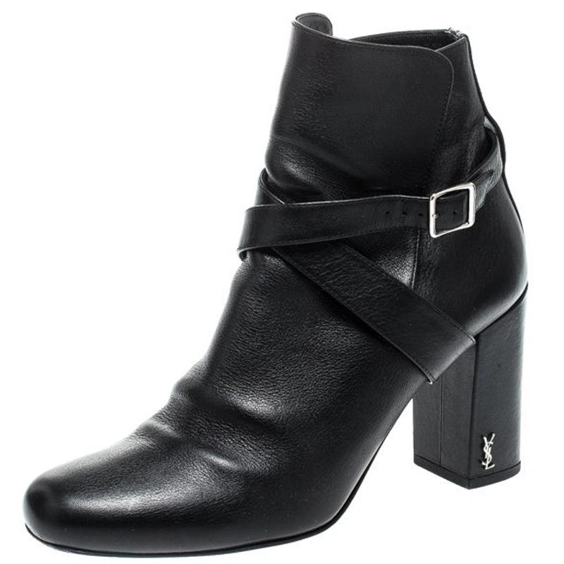 Saint Laurent Paris Black Leather Baby Cross Strap Ankle Boots Size 37.5
