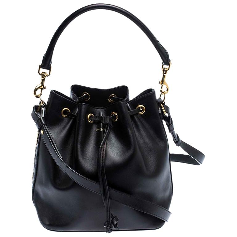 Saint Laurent Paris Black Leather Emmanuelle Drawstring Bucket Bag For ...
