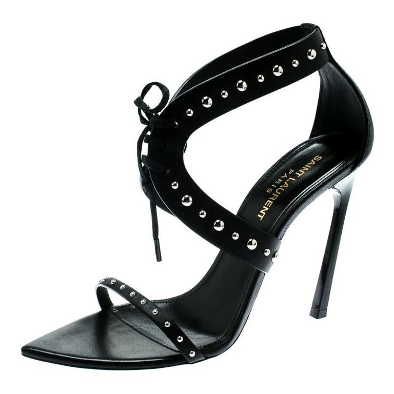Saint Laurent Paris Black Leather Iris Studded Ankle Strap Sandals Size ...