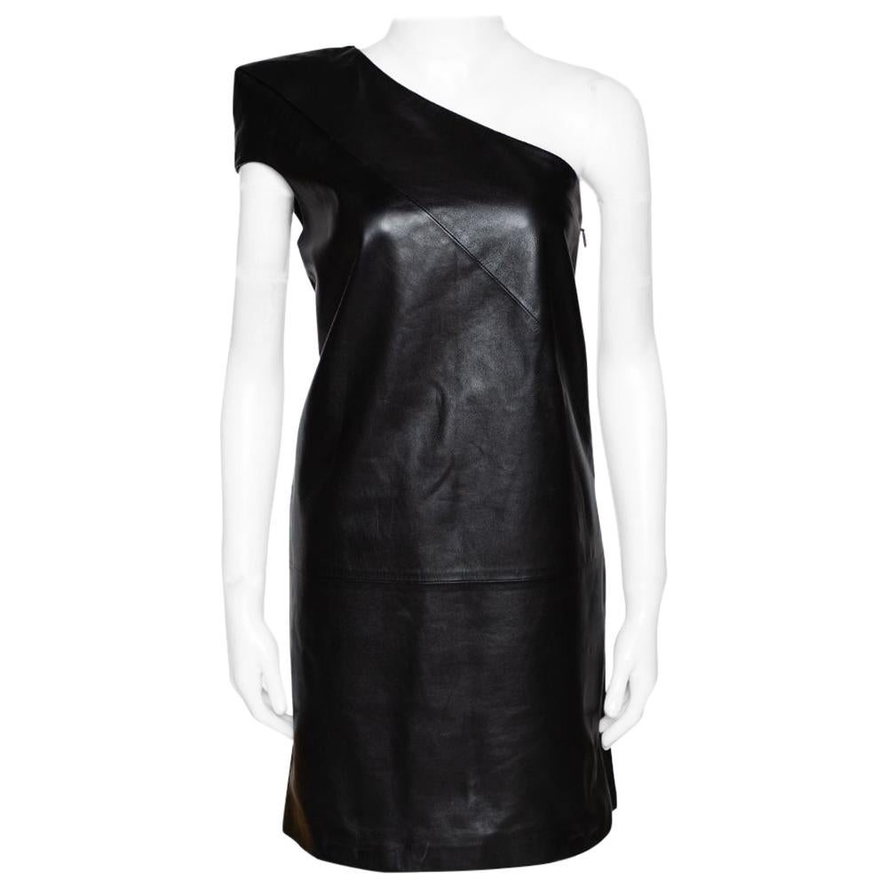 Saint Laurent Paris Black Leather One Shoulder Dress M