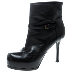 Saint Laurent Paris Black Leather Platform Ankle Boots Size 40.5