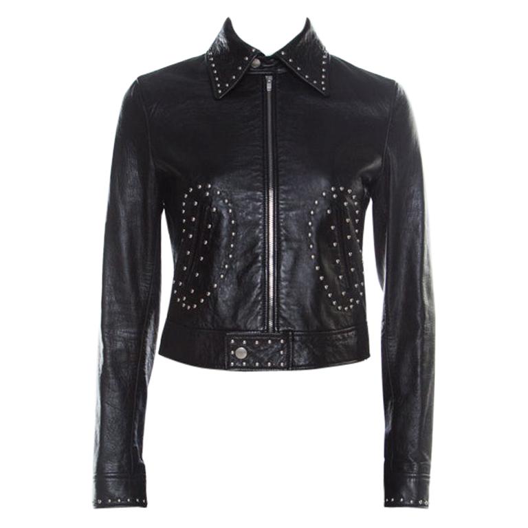 Saint Laurent Paris Black Leather Studded Biker Jacket S For Sale at ...