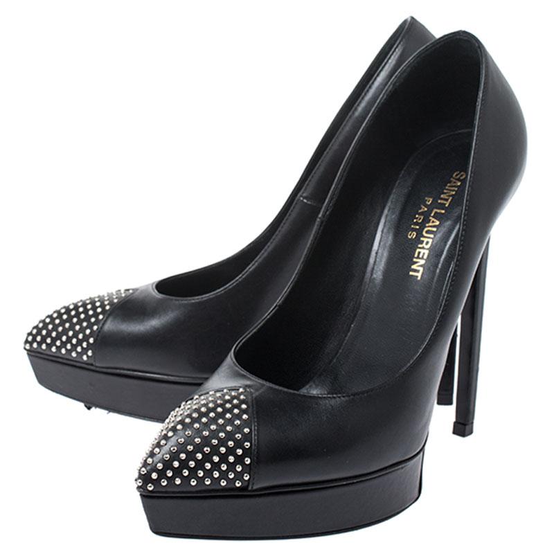 Saint Laurent Paris Black Leather Studded Cap Toe Platform Pumps Size 37 2