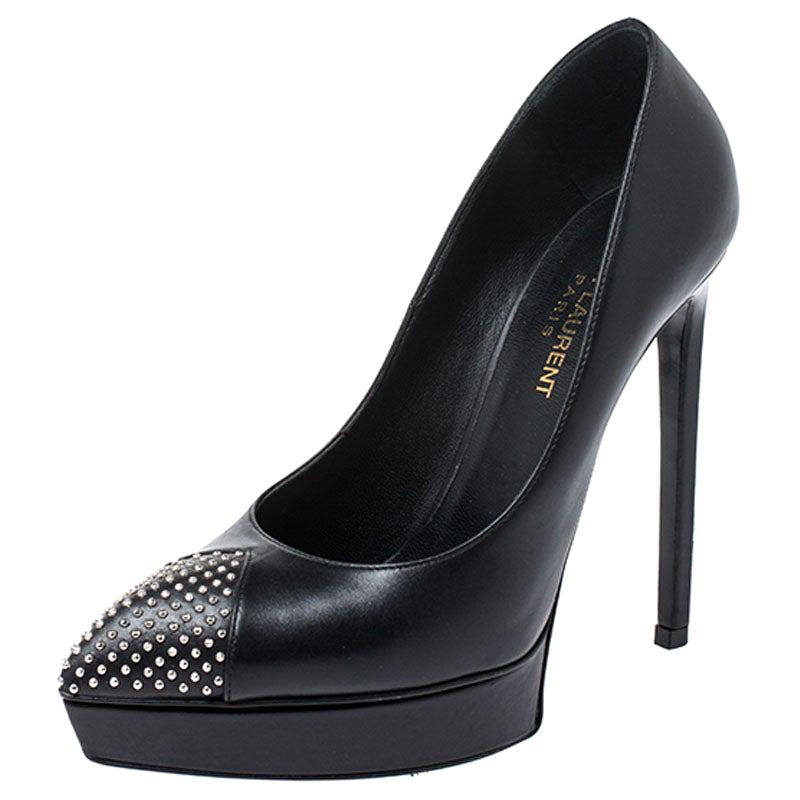 Saint Laurent Paris Black Leather Studded Cap Toe Platform Pumps Size 37