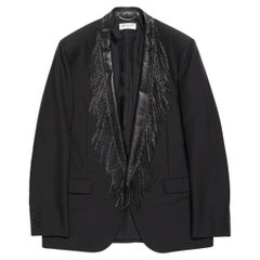 Saint Laurent Paris  Black Leather Studded Fringe Lapel Tuxedo Jacket