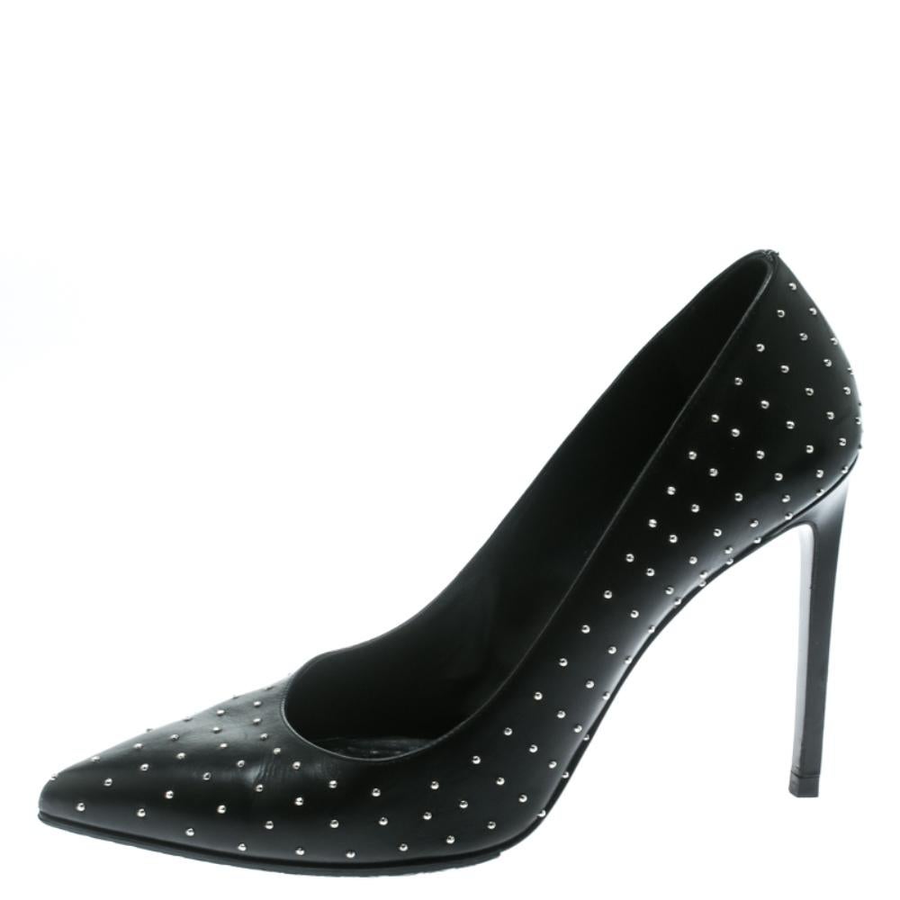 Saint Laurent Paris Black Leather Studded Pointed Toe Pumps Size 39 1