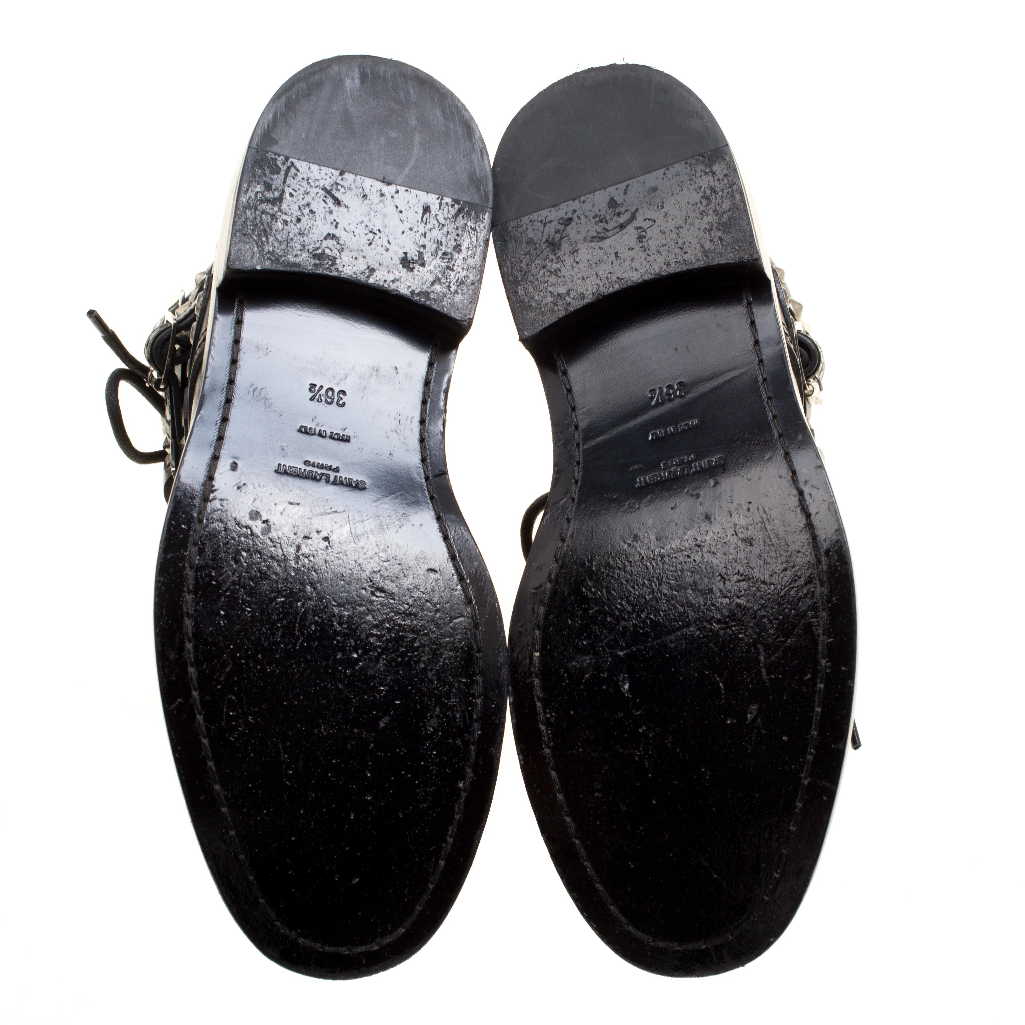 Saint Laurent Paris Black Leather Studded Rangers Ankle Boots Size 36.5 1