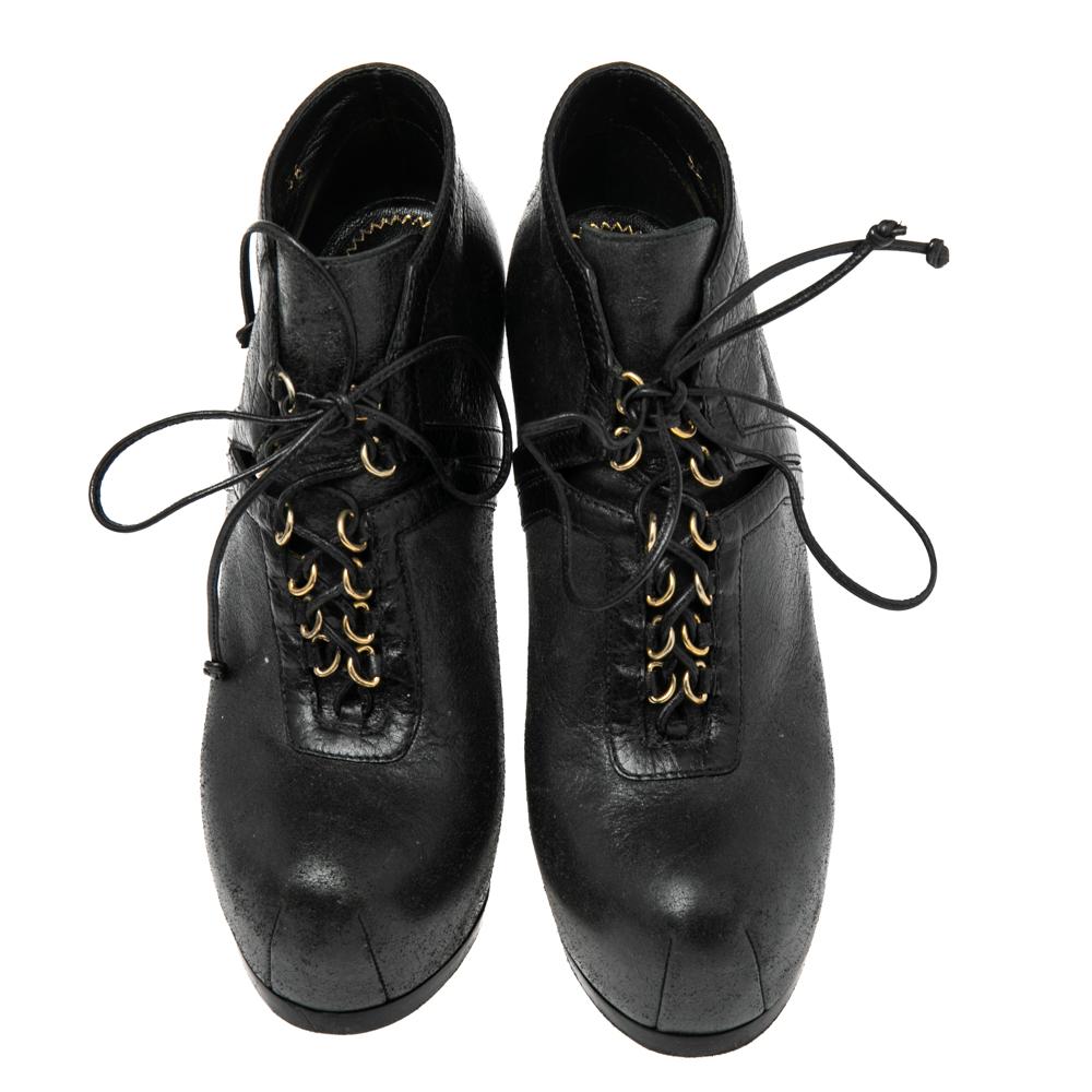 Women's Saint Laurent Paris Black Leather Tribtoo Platform Lace Up Ankle Booties Size 37
