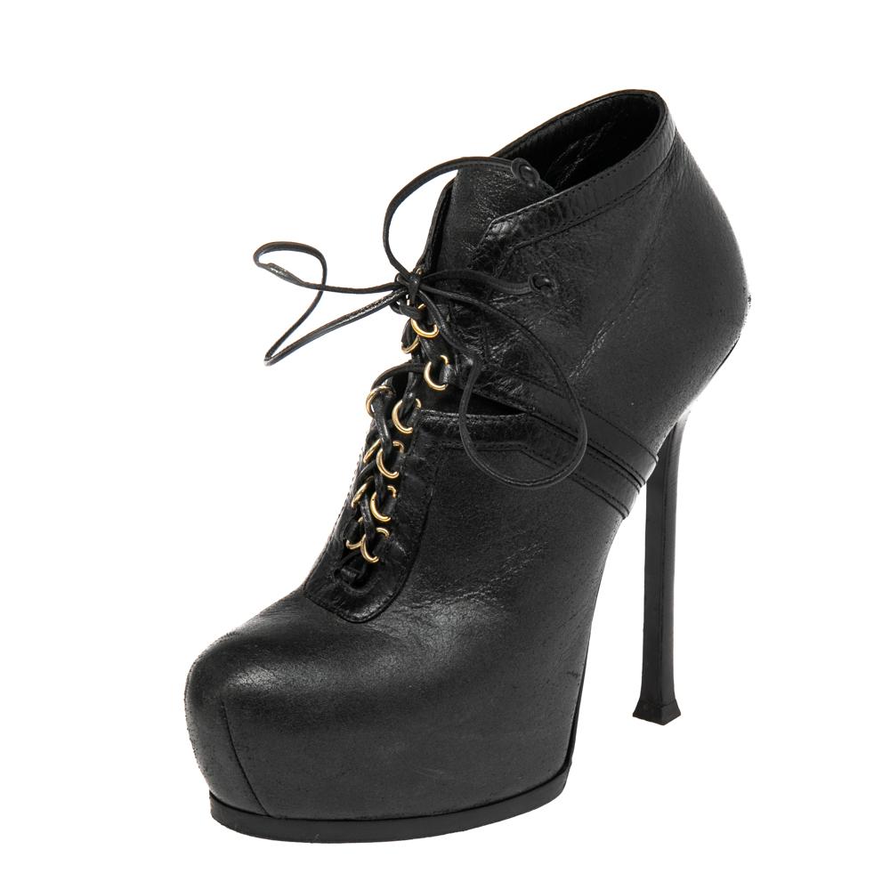 Saint Laurent Paris Black Leather Tribtoo Platform Lace Up Ankle Booties Size 37 2