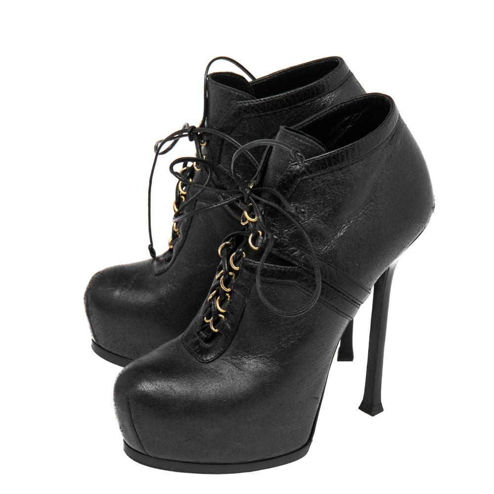 Saint Laurent Paris Black Leather Tribtoo Platform Lace Up Ankle Booties Size 37 3