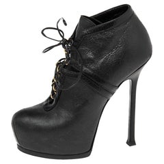 Saint Laurent Paris Black Leather Tribtoo Platform Lace Up Ankle Booties Size 37