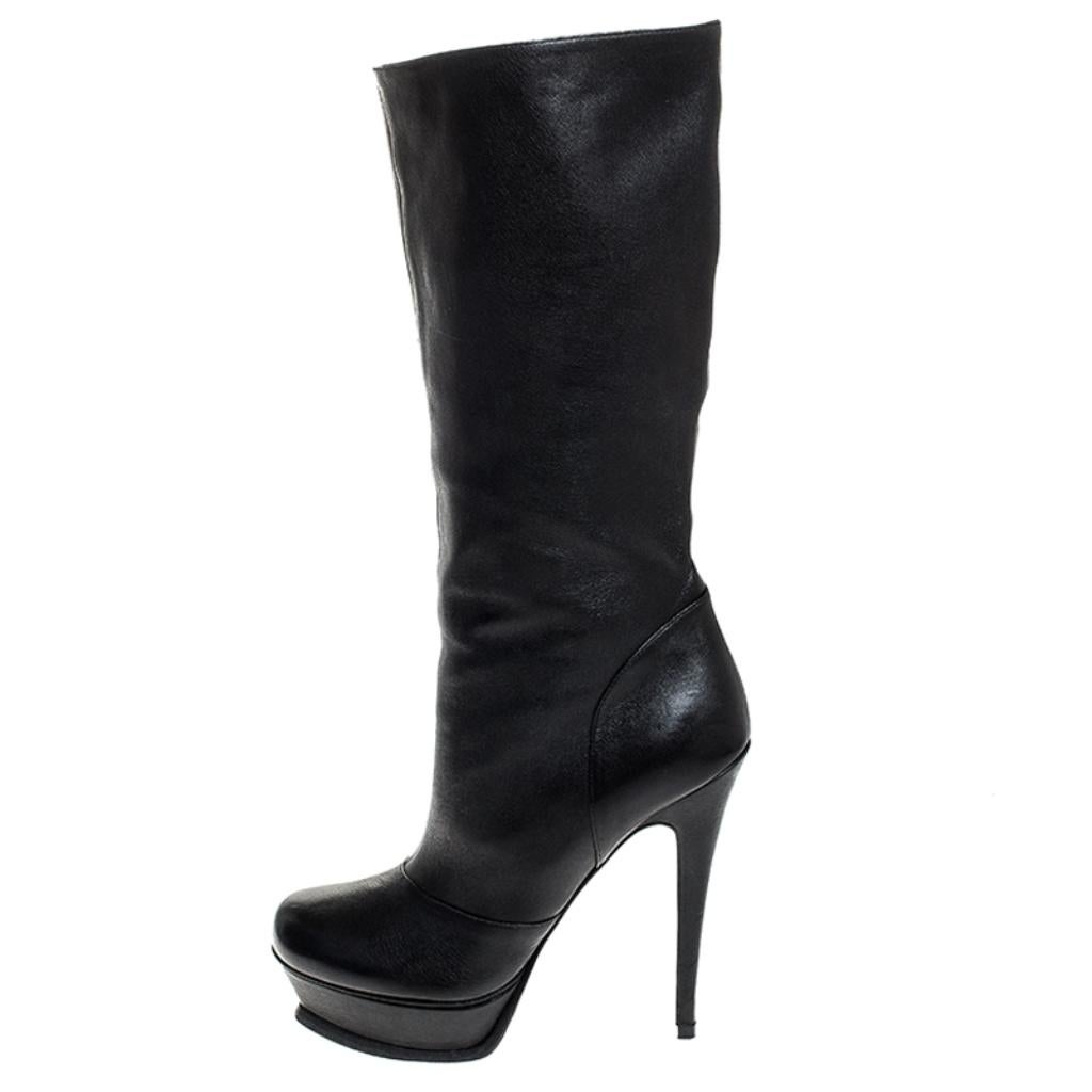 Saint Laurent Paris Black Leather Tribute Mid Calf Boots Size 40 1