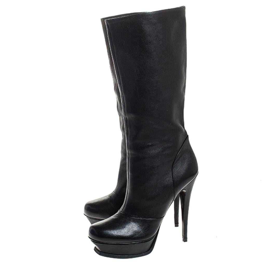 Saint Laurent Paris Black Leather Tribute Mid Calf Boots Size 40 2